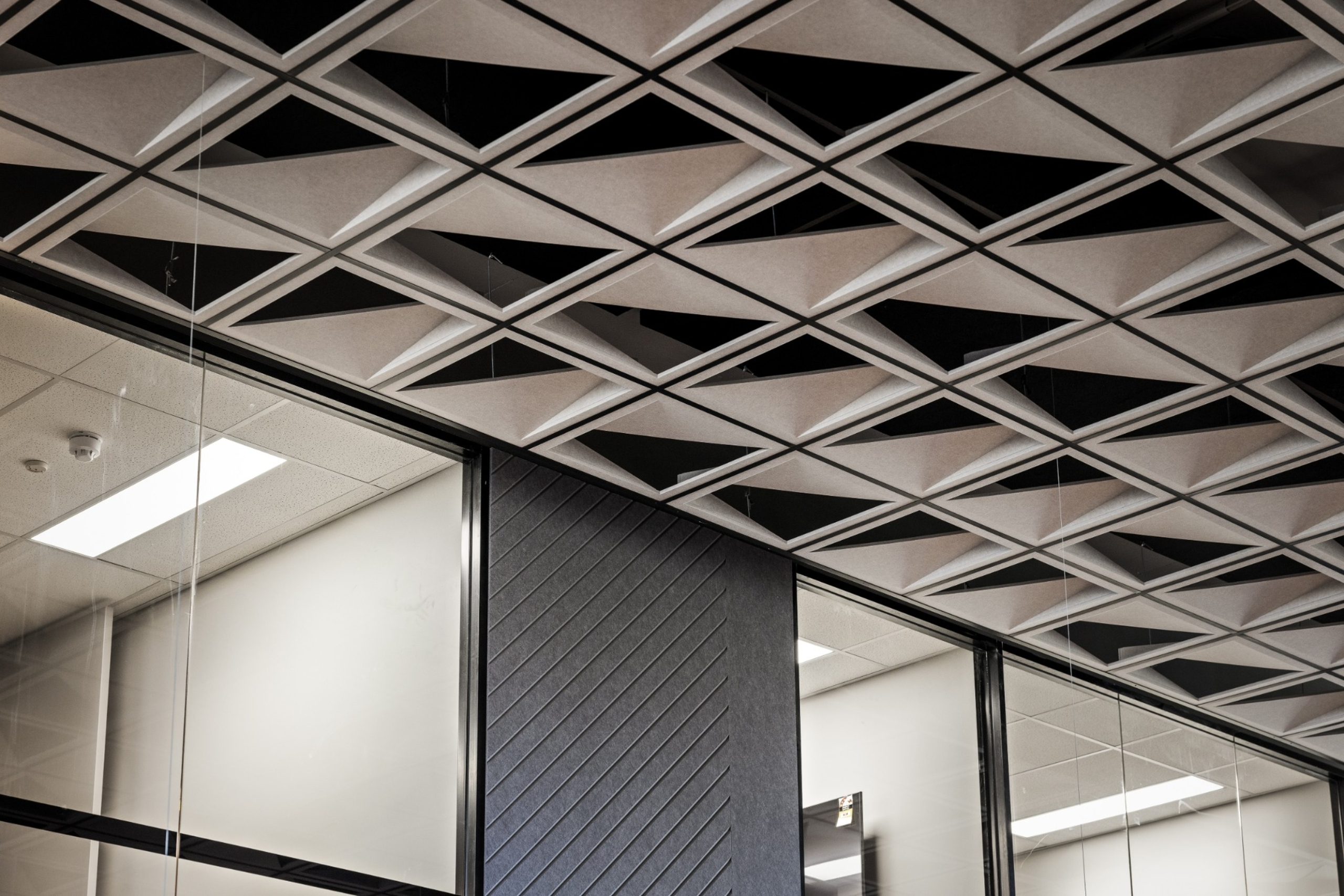 Infinity Group Australia's office interior with custom Autex acoustic ceiling features and Woven Image wall panels, designed by Leithal Designs for sound control and visual appeal.