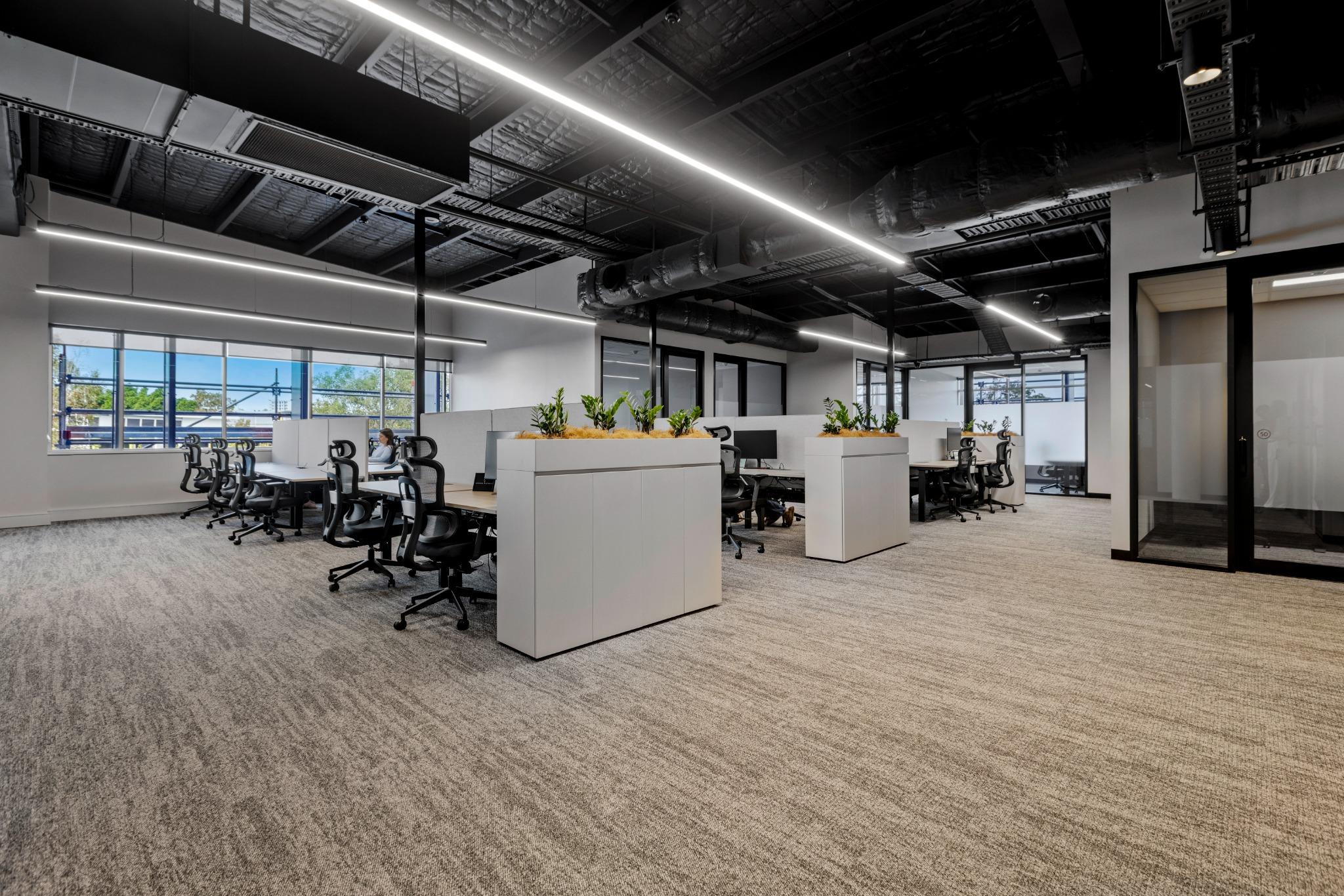 Open-plan office with ergonomic workstations – Gold Coast commercial office fitout by Leithal Designs