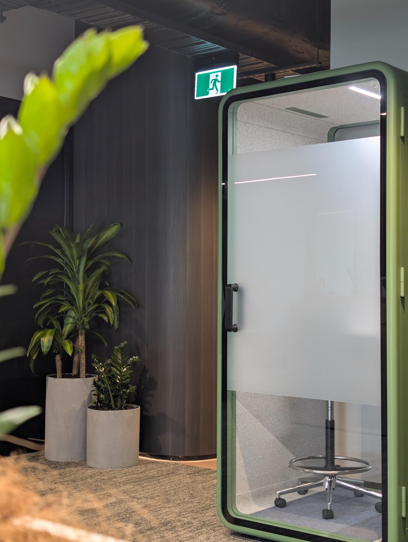 Acoustic phone booth and biophilic elements – modern workplace design in Robina Gold Coast