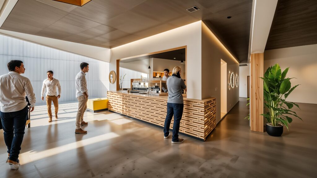 Interior view of a modern café space featuring a wooden service counter, customers engaging with staff, natural light illuminating the room, and decorative plants, reflecting Leithal Designs' focus on hospitality design.