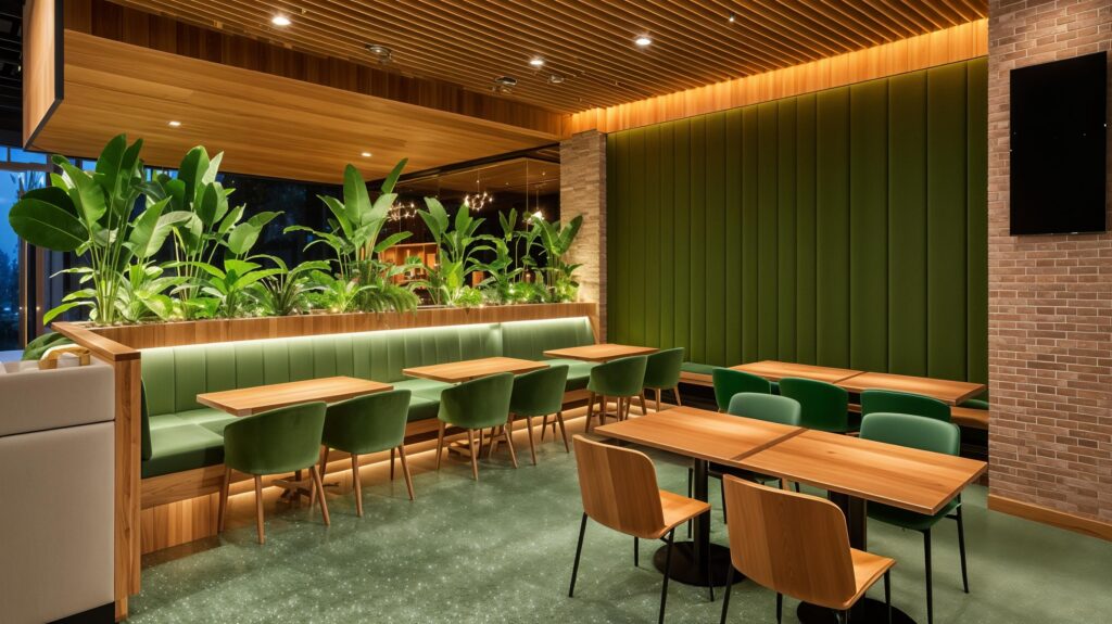 Crafty Monk microbrewery seating area featuring green upholstered benches, wooden tables, and lush indoor plants, designed for a warm industrial hospitality experience in Tingalpa.