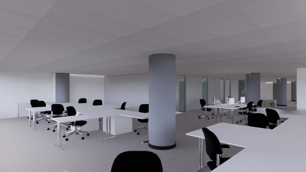 Modern office interior featuring white desks and black ergonomic chairs, designed for workplace refurbishment by Leithal Designs for Life Healthcare, emphasizing spaciousness and functionality.