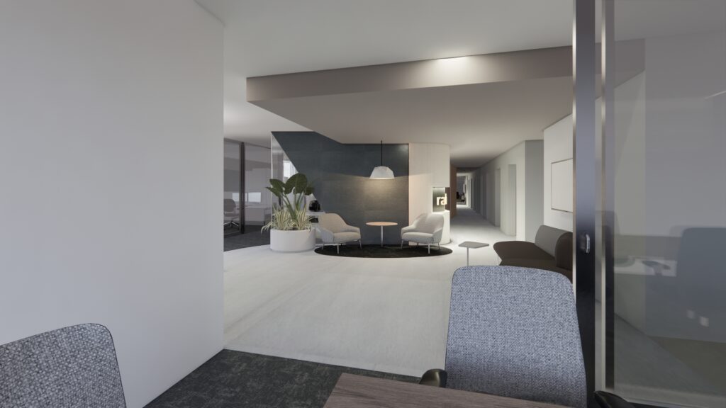 Interior view of a modern workspace design featuring multi-functional seating areas, plants, and a light color palette, emphasizing the refurbishment project by Leithal Designs for the Department of Home Affairs.