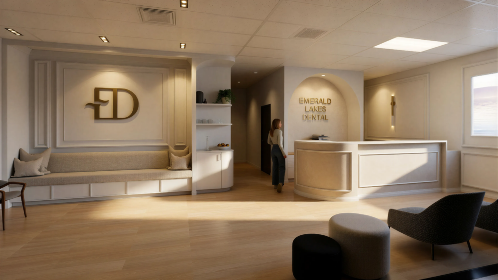Emerald Lakes Dental reception area featuring modern interior design with a welcoming seating arrangement, decorative wall with logo, and warm lighting, emphasizing a professional and inviting atmosphere for clients.