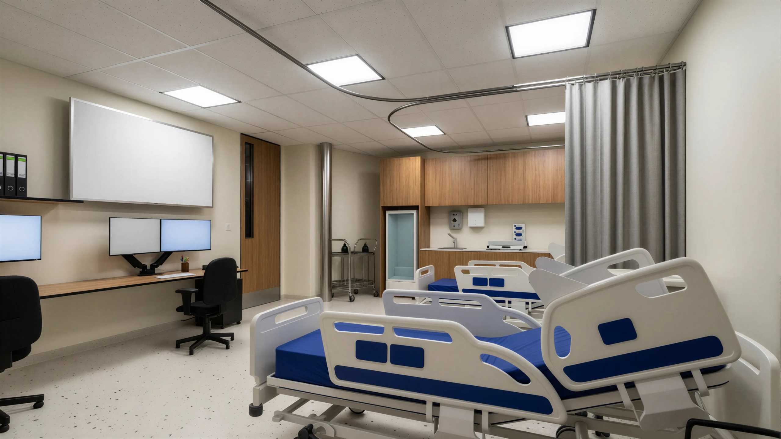 Interior of a modern hospital room featuring two hospital beds with blue mattresses, a desk with dual monitors, and a kitchenette area, exemplifying Leithal Designs' focus on functional and aesthetically pleasing healthcare environments.