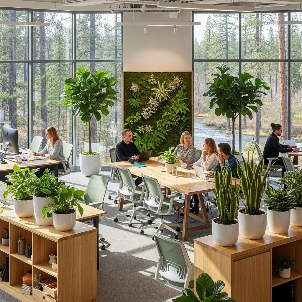 Modern office space featuring biophilic design with indoor plants, natural light, and collaborative work areas, enhancing sustainability and employee well-being.