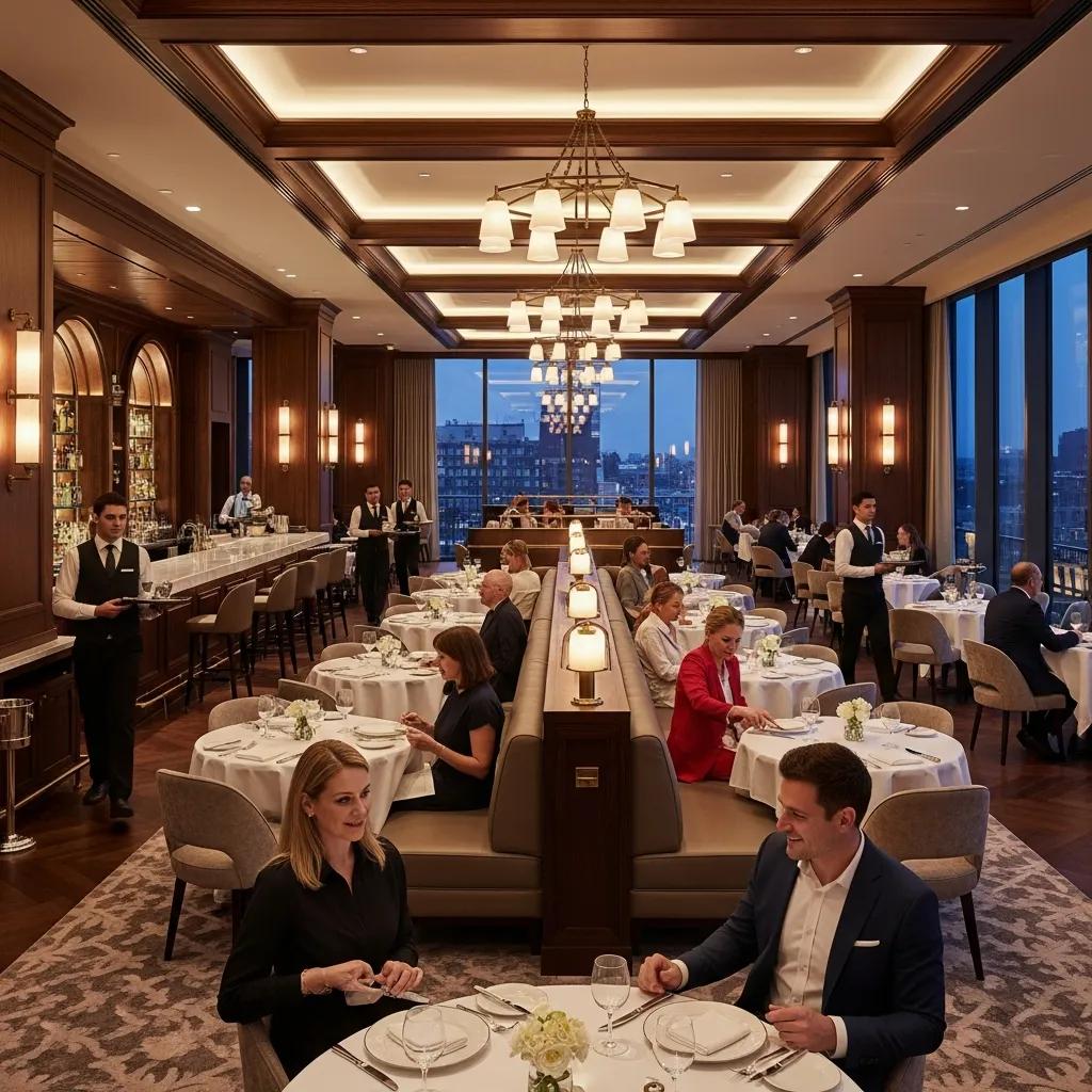Elegant restaurant interior showcasing effective hospitality design principles, featuring well-arranged tables, attentive staff, and ambient lighting, enhancing guest experience and operational efficiency.