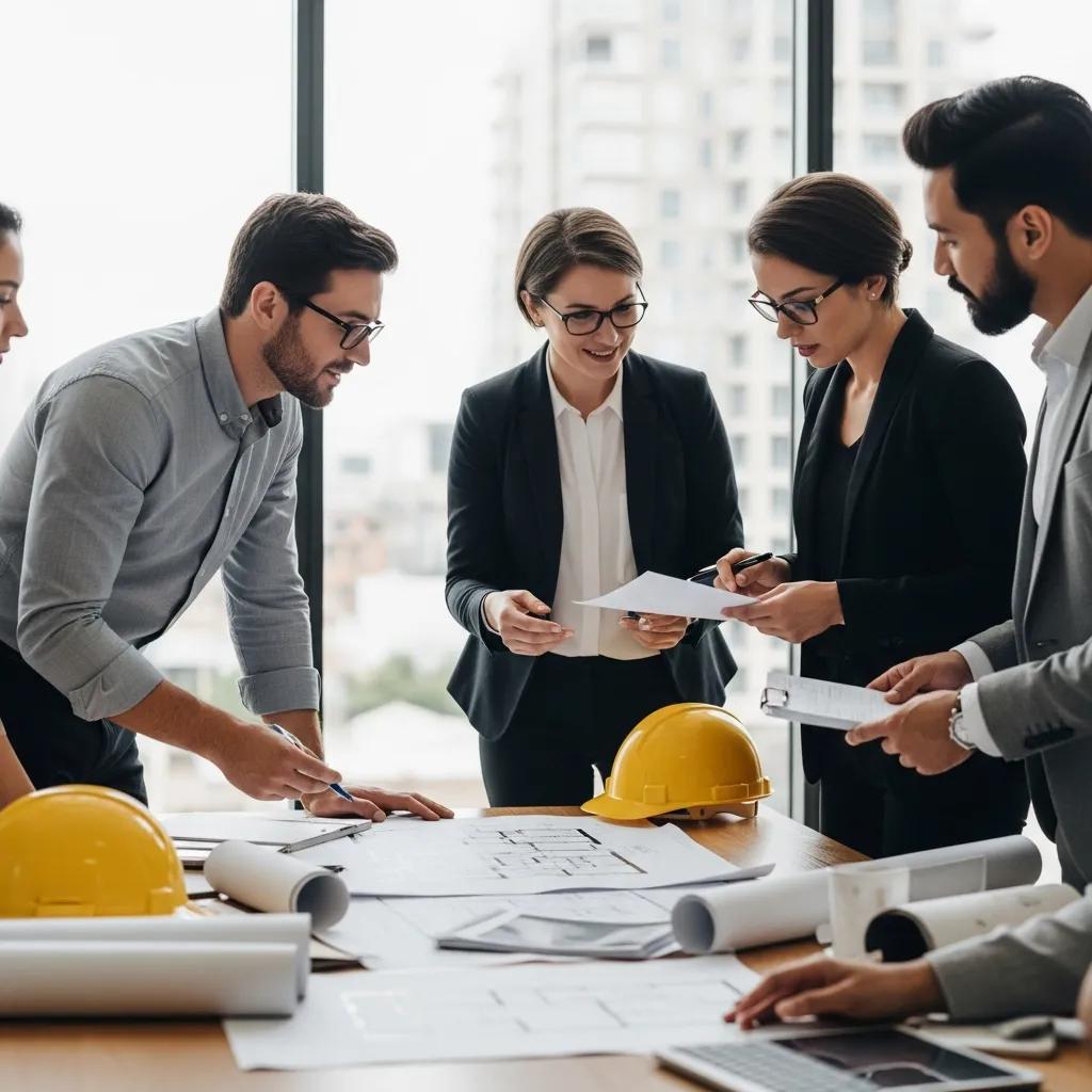 Commercial building designer and interior designer collaborating on a project in a modern office