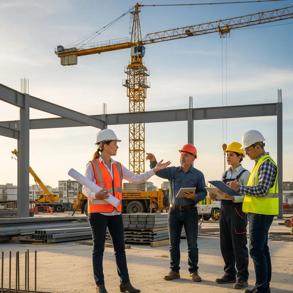 Commercial building designer managing a construction site with workers and engineers