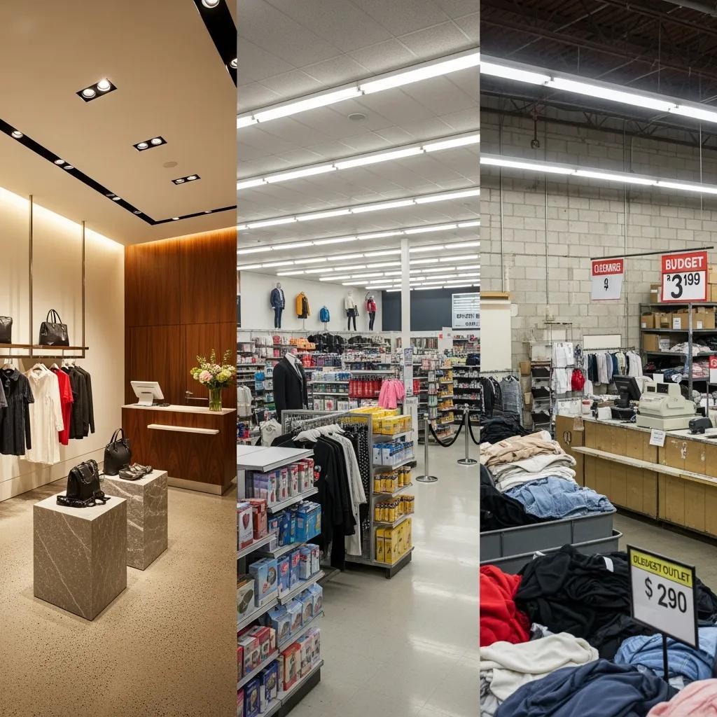 Comparison of three retail fitout styles: high-end boutique with polished finishes, standard retail layout with organized displays, and budget outlet featuring discounted items and cluttered merchandise.