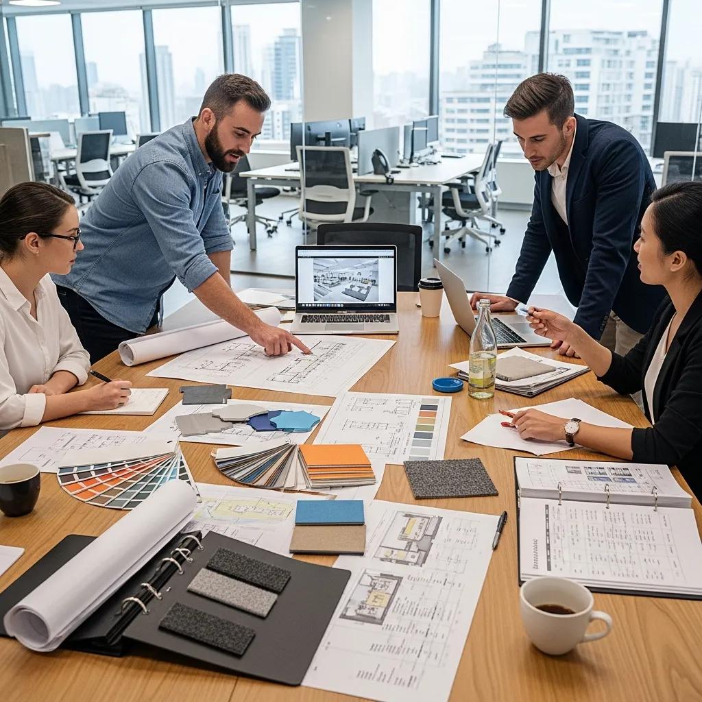 Design team collaborating on feasibility assessments for cost-effective office fitouts