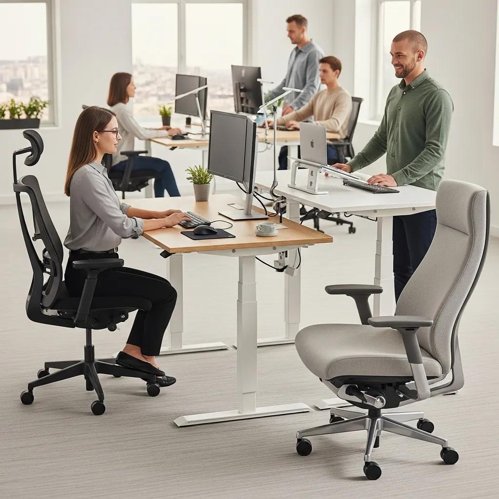 Ergonomic office setup featuring a woman working at a height-adjustable desk with a computer, emphasizing comfort and productivity in a modern workspace.