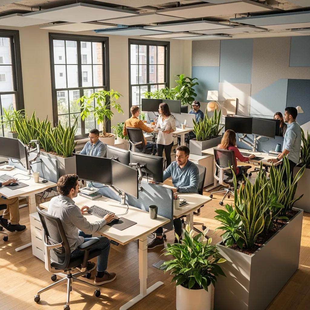 Ergonomic workspace with adjustable furniture and natural light enhancing employee comfort