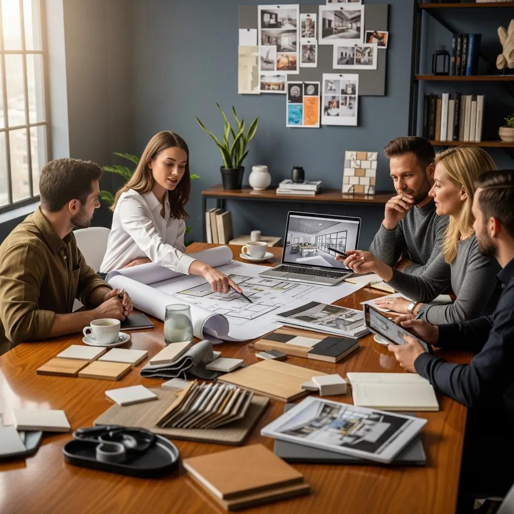 Interior designer collaborating with clients over design concepts and materials at a conference table, featuring architectural plans, samples, and a laptop displaying design visuals.