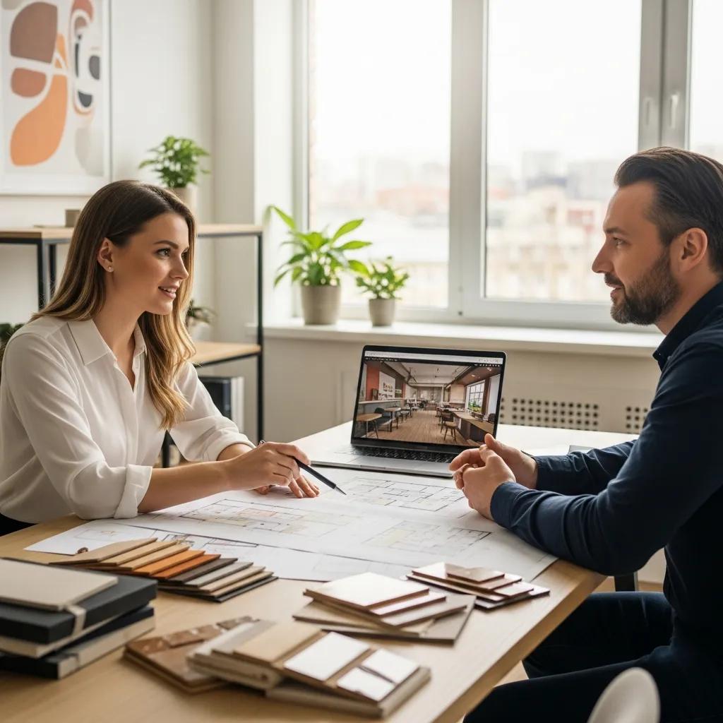 Interior designer consulting with cafe owner, showcasing design plans and materials