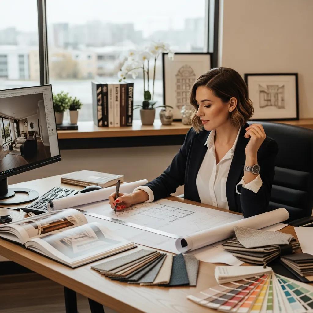 Interior designer reviewing blueprints and materials in a professional office setting, surrounded by fabric samples, design books, and a computer displaying interior design visuals, reflecting expertise in commercial projects.