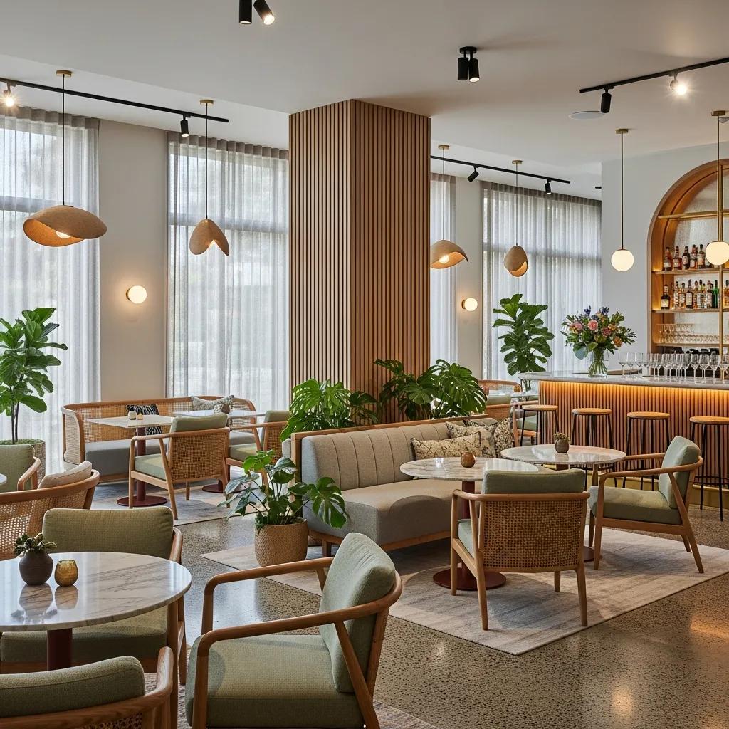 Inviting hospitality venue interior featuring modern design elements, comfortable seating, plants, and a well-stocked bar, highlighting sustainable commercial interior design practices.