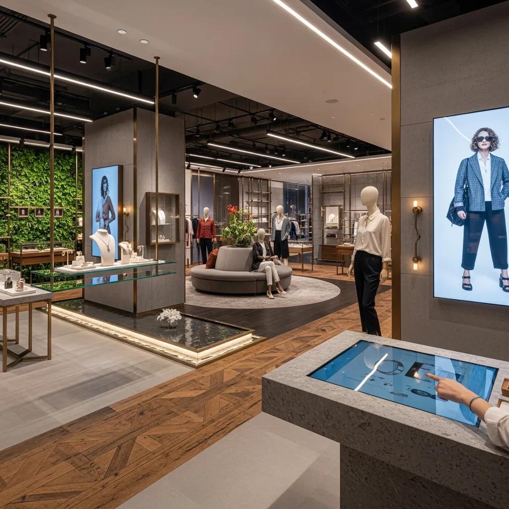 Luxury retail interior showcasing high-end materials, immersive design elements, and interactive displays, featuring mannequins dressed in upscale apparel, a central seating area, and a digital screen displaying fashion imagery.