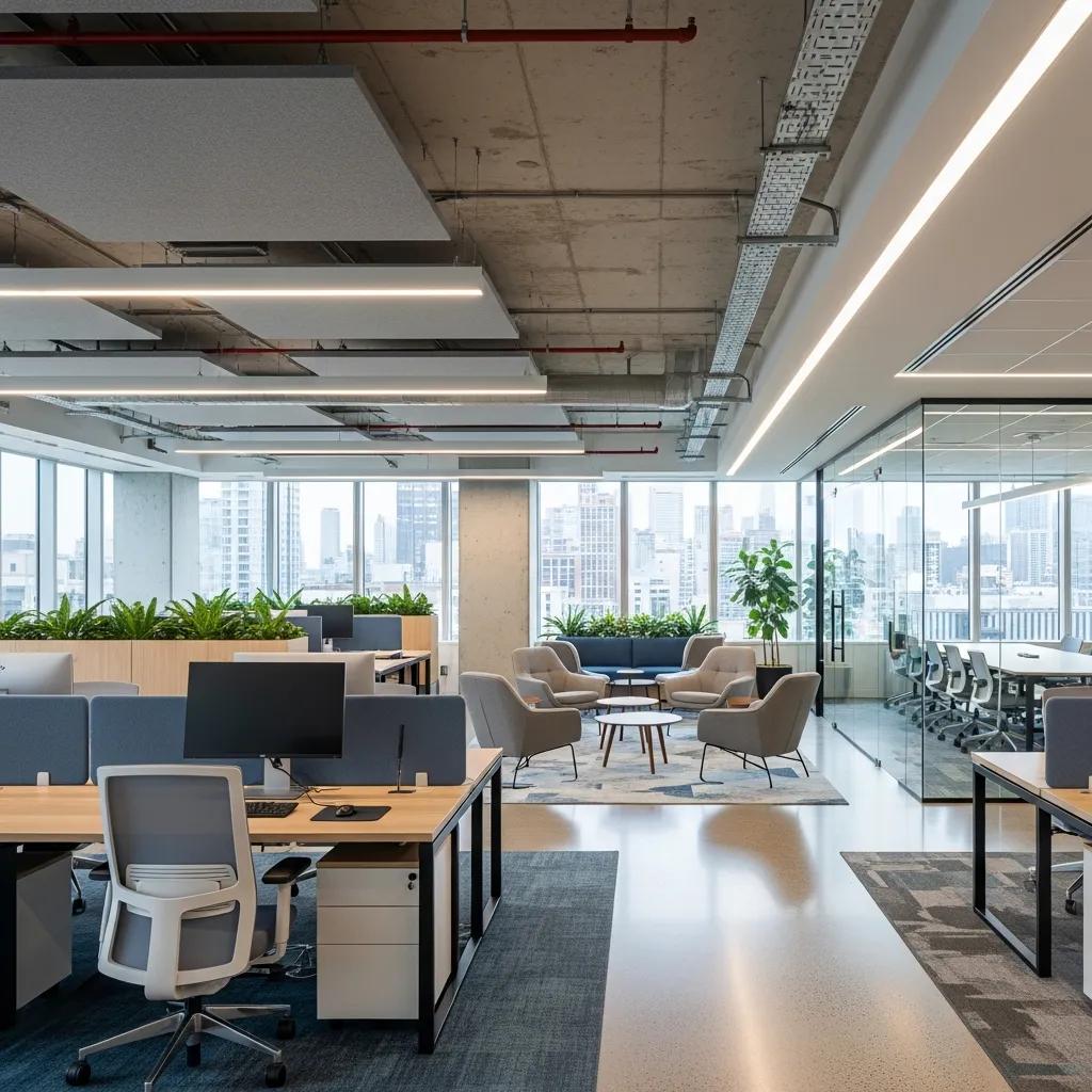 Modern commercial fitout showcasing stylish office space with natural lighting and premium materials