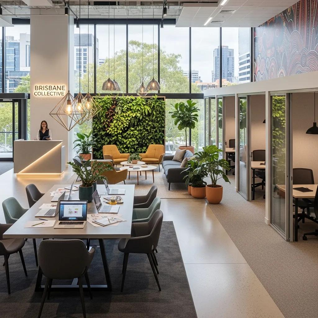 Modern commercial interior design in Brisbane featuring a stylish office space with natural lighting, greenery, and contemporary furniture, enhancing customer experience and workspace functionality.