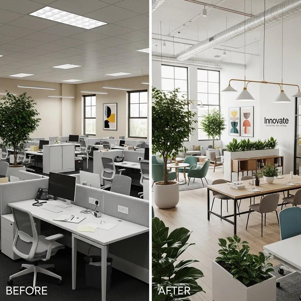 Modern commercial office transformation showcasing stylish design and open layout
