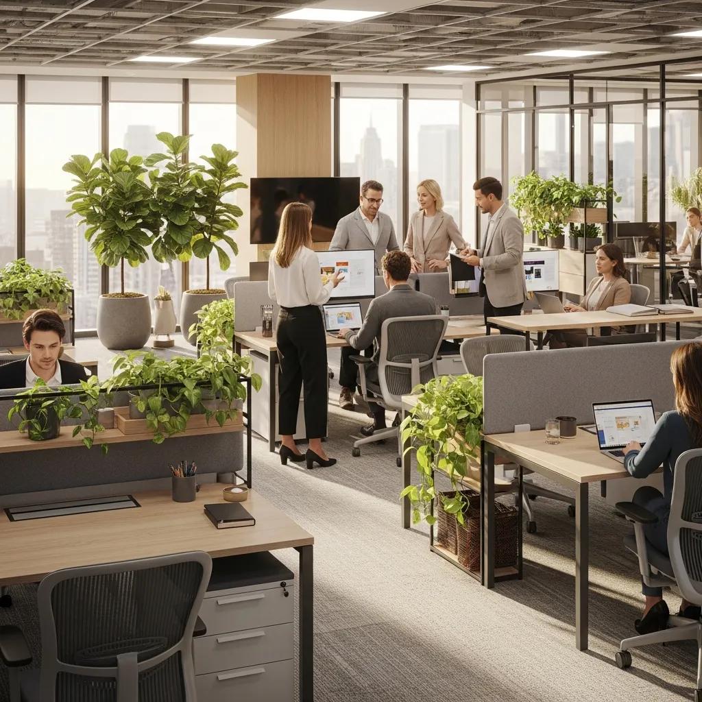 Modern office interior featuring ergonomic furniture, biophilic elements, and collaborative workspaces, promoting productivity and employee wellbeing in a bright environment.