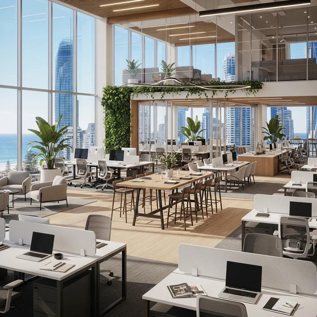 Modern office fitout on the Gold Coast with stylish furniture and natural light