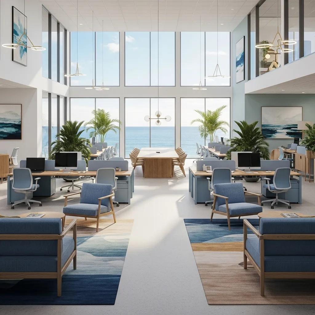 Modern office interior design on the Sunshine Coast with coastal-inspired colors and bespoke furniture