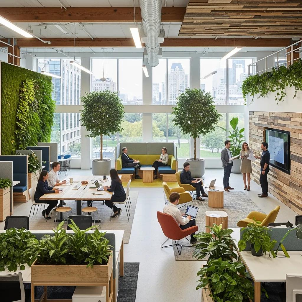 Modern office interior featuring biophilic design elements, sustainable materials, collaborative spaces with plants, and activity-based working areas in Brisbane.