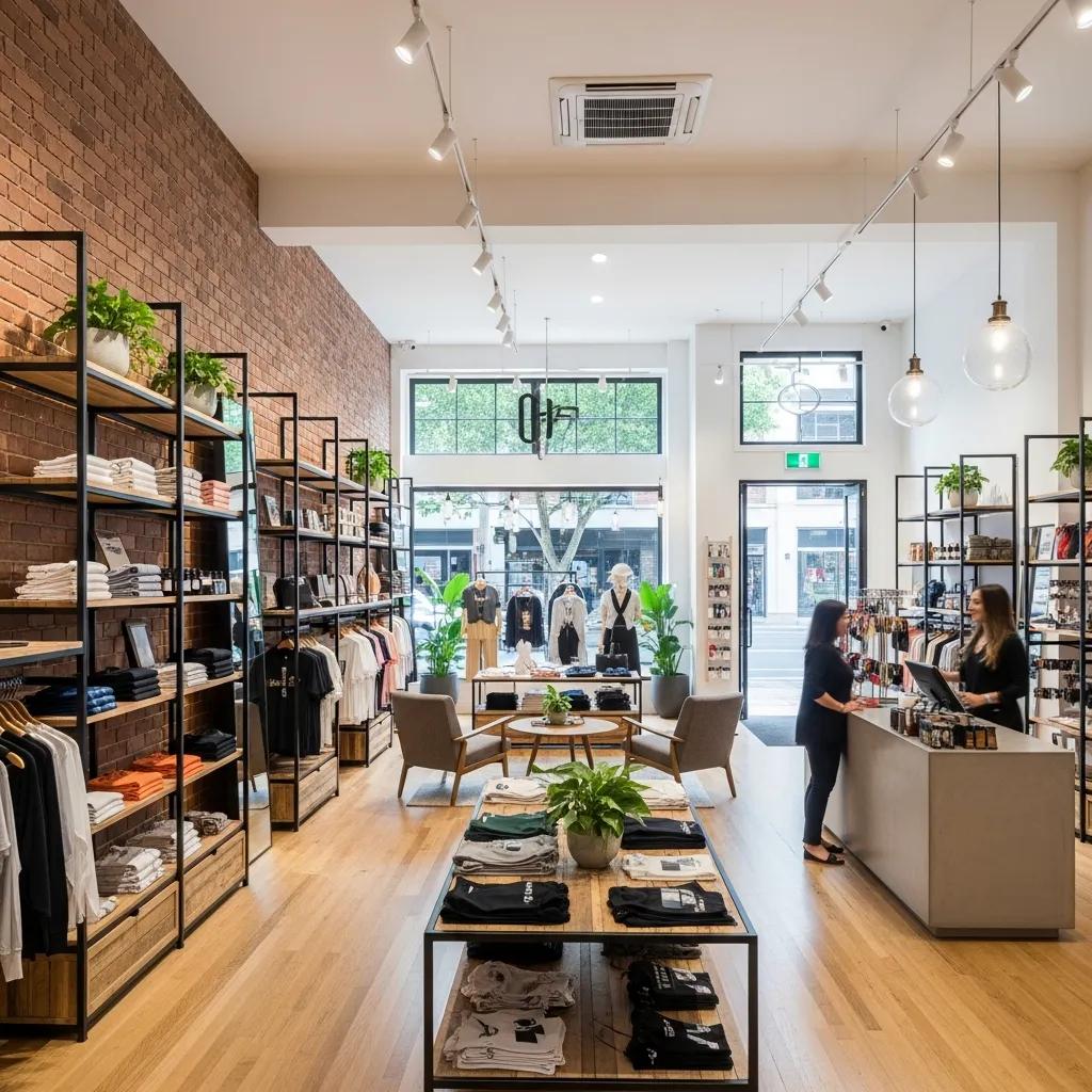Modern retail fitout in Brisbane showcasing stylish design, customer engagement, and biophilic elements with open layout, natural light, and greenery.