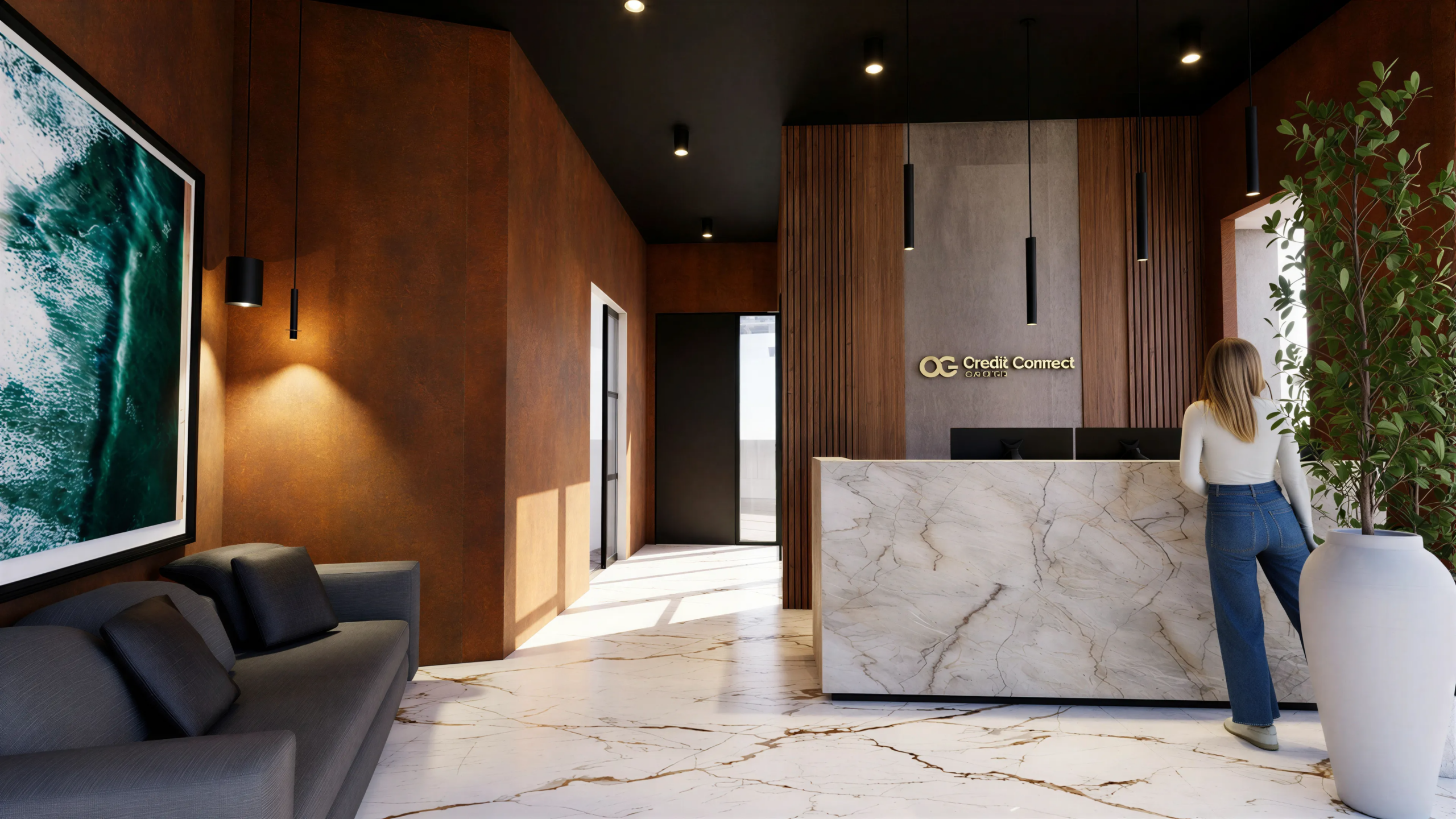 Modern interior design of a commercial reception area featuring a marble front desk with "Credit Connect" logo, elegant lighting, dark wood accents, and a stylish gray sofa, creating a welcoming atmosphere for clients.