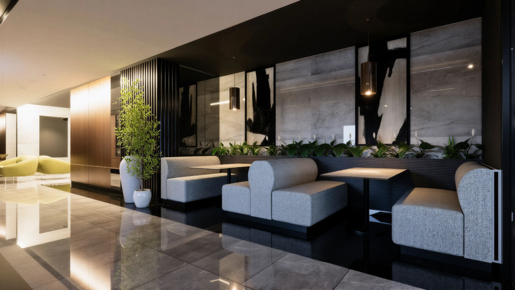 Modern commercial interior space featuring stylish grey seating booths, a black and white accent wall, decorative plants, and contemporary lighting, showcasing Leithal Designs' expertise in creating functional and aesthetically pleasing environments.