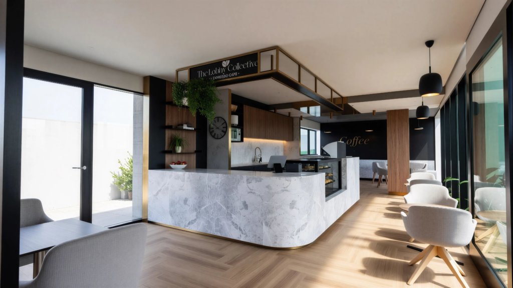 Modern commercial interior design of a coffee shop featuring a marble counter, wooden cabinetry, and stylish seating, emphasizing functional aesthetics and inviting ambiance.