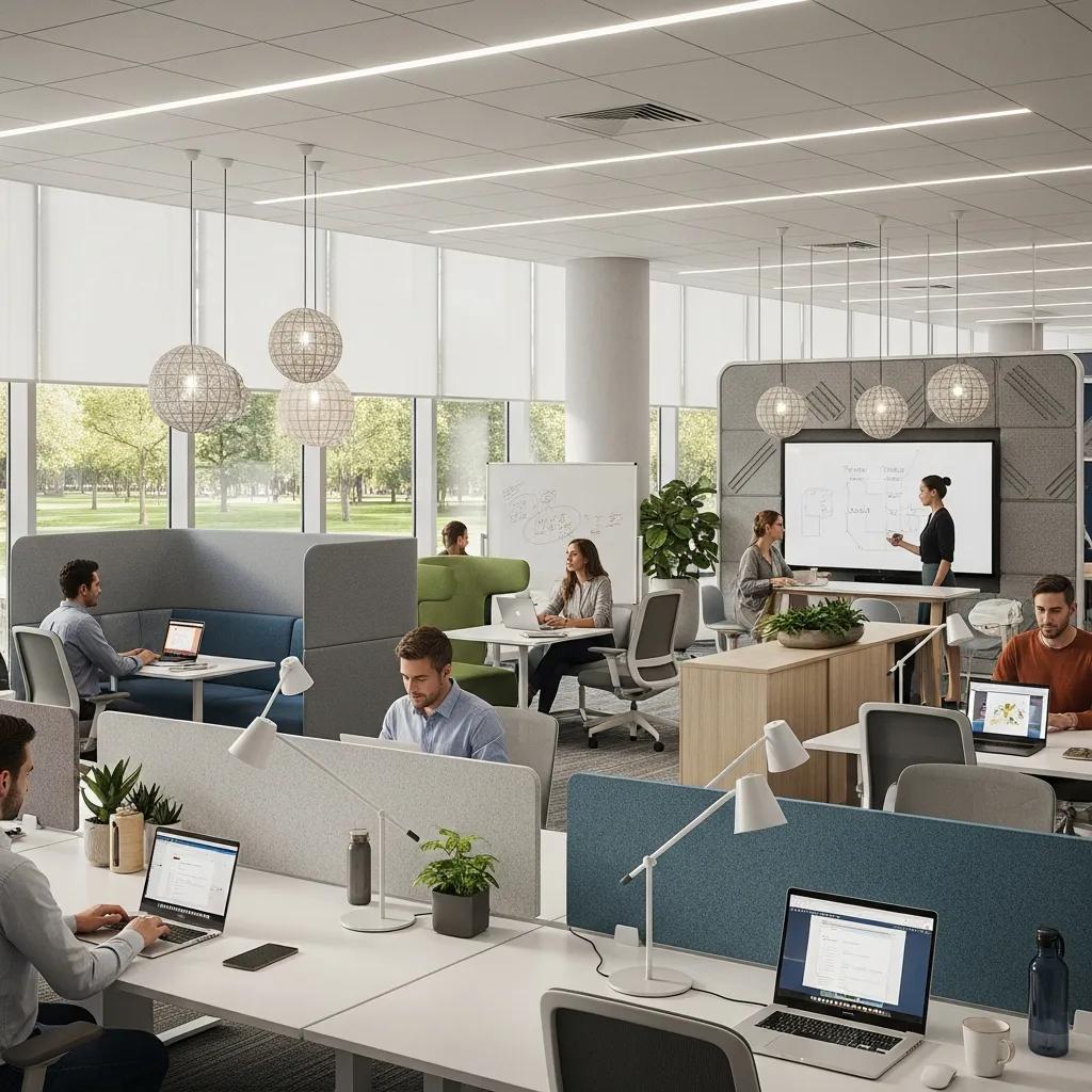 Modern office environment showcasing ergonomic design, effective lighting, and collaborative spaces, enhancing workplace productivity and employee wellbeing.