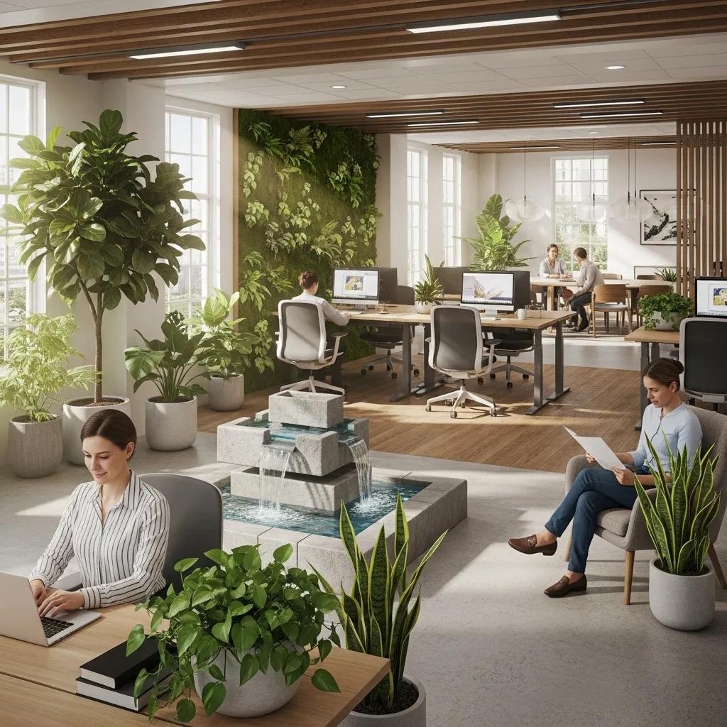 Office environment featuring biophilic design elements, including indoor plants, a water feature, and natural light, promoting employee wellness and productivity.