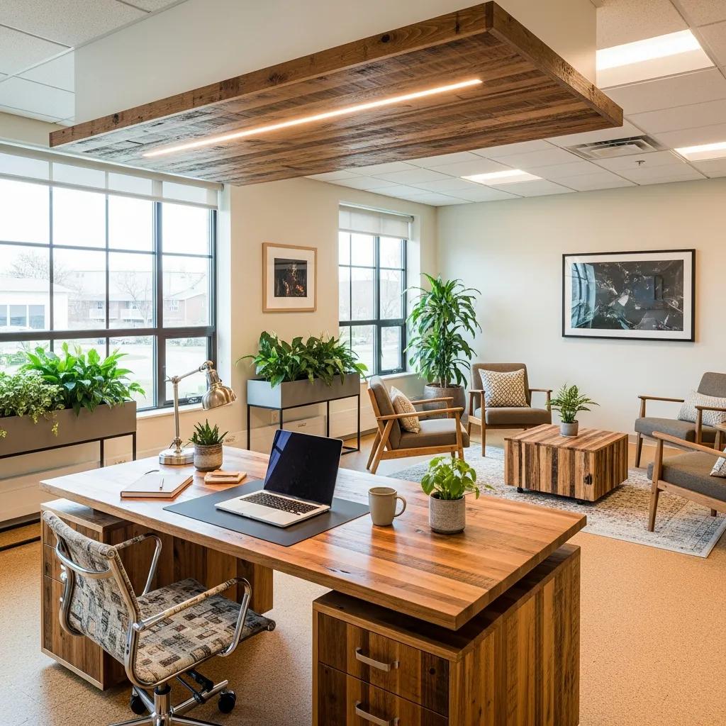 Office space featuring eco-friendly materials, energy-efficient lighting, plants, and a modern design promoting biophilic elements for enhanced employee well-being and productivity.