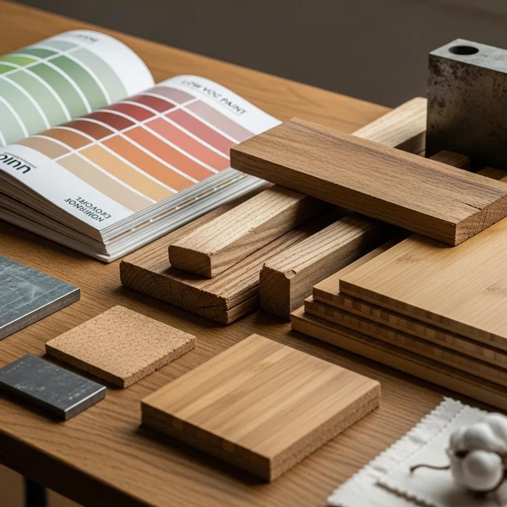 Samples of eco-friendly materials including bamboo, cork, and recycled timber, alongside a color palette for low VOC paints, emphasizing sustainable commercial interior design.