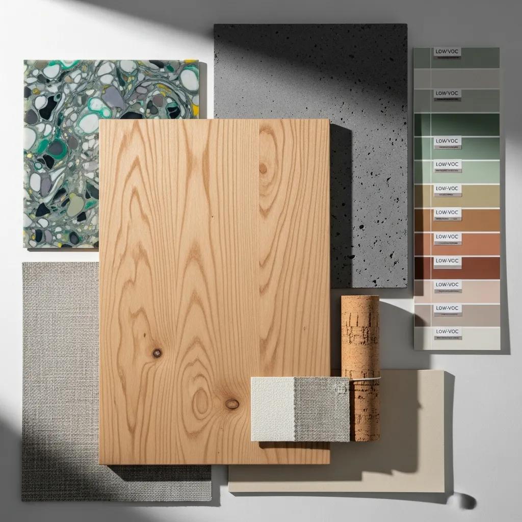 Selection of premium and sustainable materials for cafe interiors, including hardwoods and recycled elements