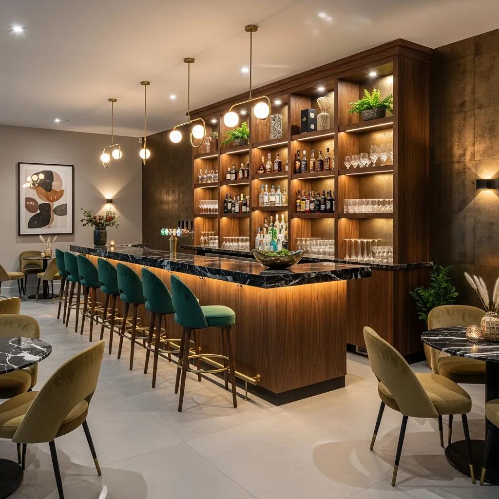 Sophisticated bar interior featuring elegant seating, a sleek marble countertop, and a well-stocked backlit shelf showcasing premium spirits, emphasizing luxury design elements in hospitality venues.
