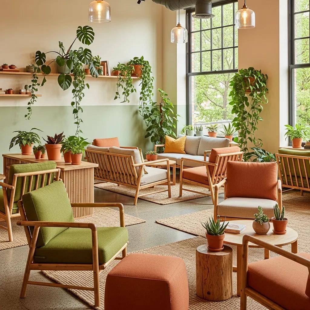 Sustainable commercial interior design featuring eco-friendly materials, biophilic elements, and natural light in a modern workspace with plants and comfortable seating.