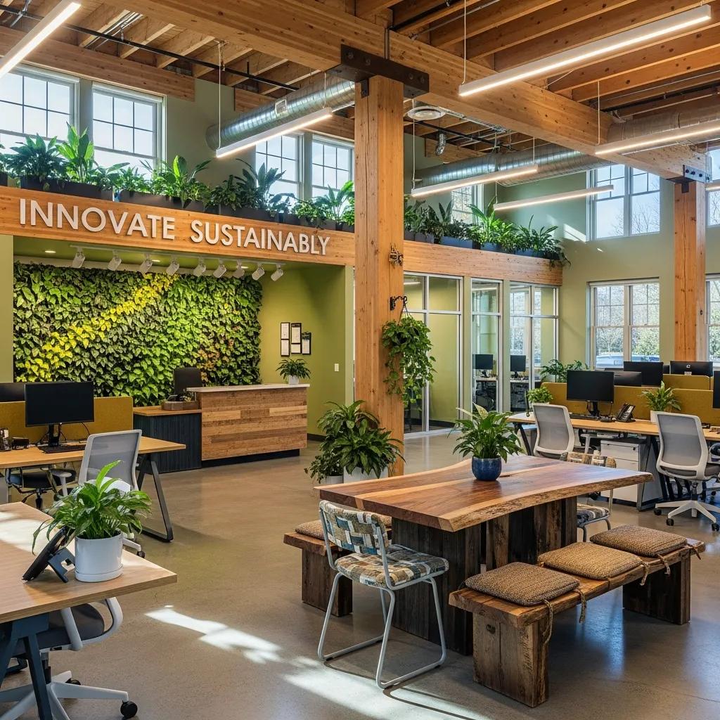 Sustainable office design featuring eco-friendly materials and biophilic elements