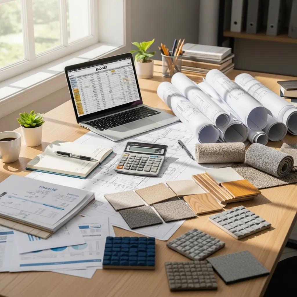 Workspace with budgeting tools and materials for office fitout planning