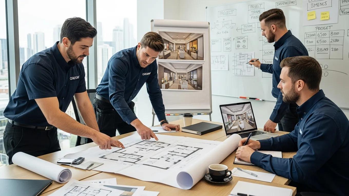 Builders engaging in a competitive tender process for shop fitters, showcasing collaboration and project management