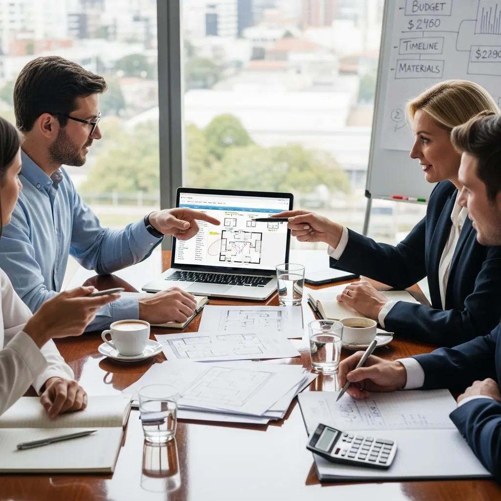 Business meeting discussing cost planning for commercial fitouts