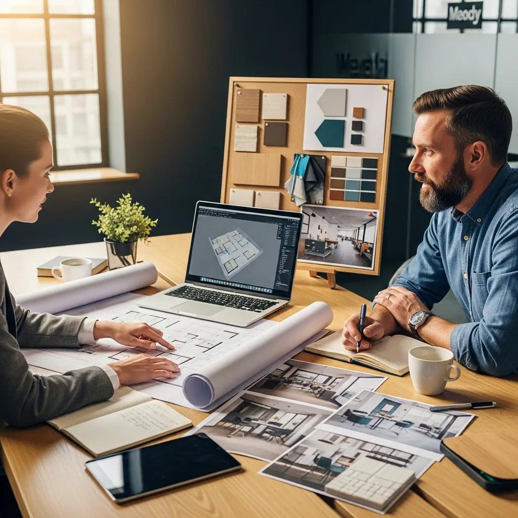 Business owner consulting with a fitout contractor over design plans and materials