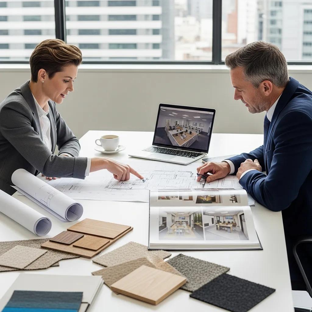 Business owner discussing office fitout designs with a designer
