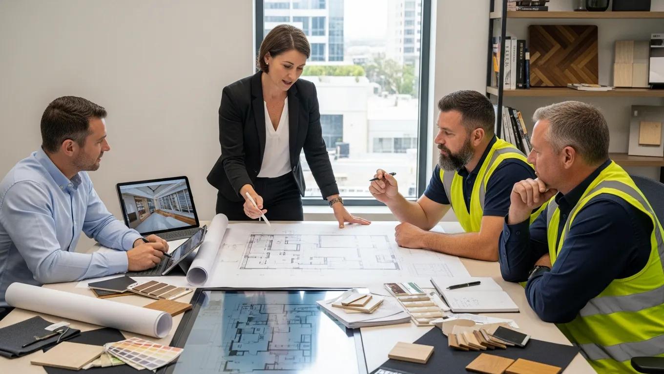 Collaborative meeting between designer and builders for retail fitout project