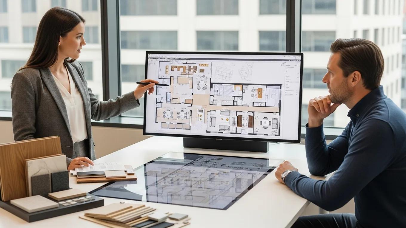 Designer presenting a fitout plan to a client, highlighting the importance of design leadership in shop fitting