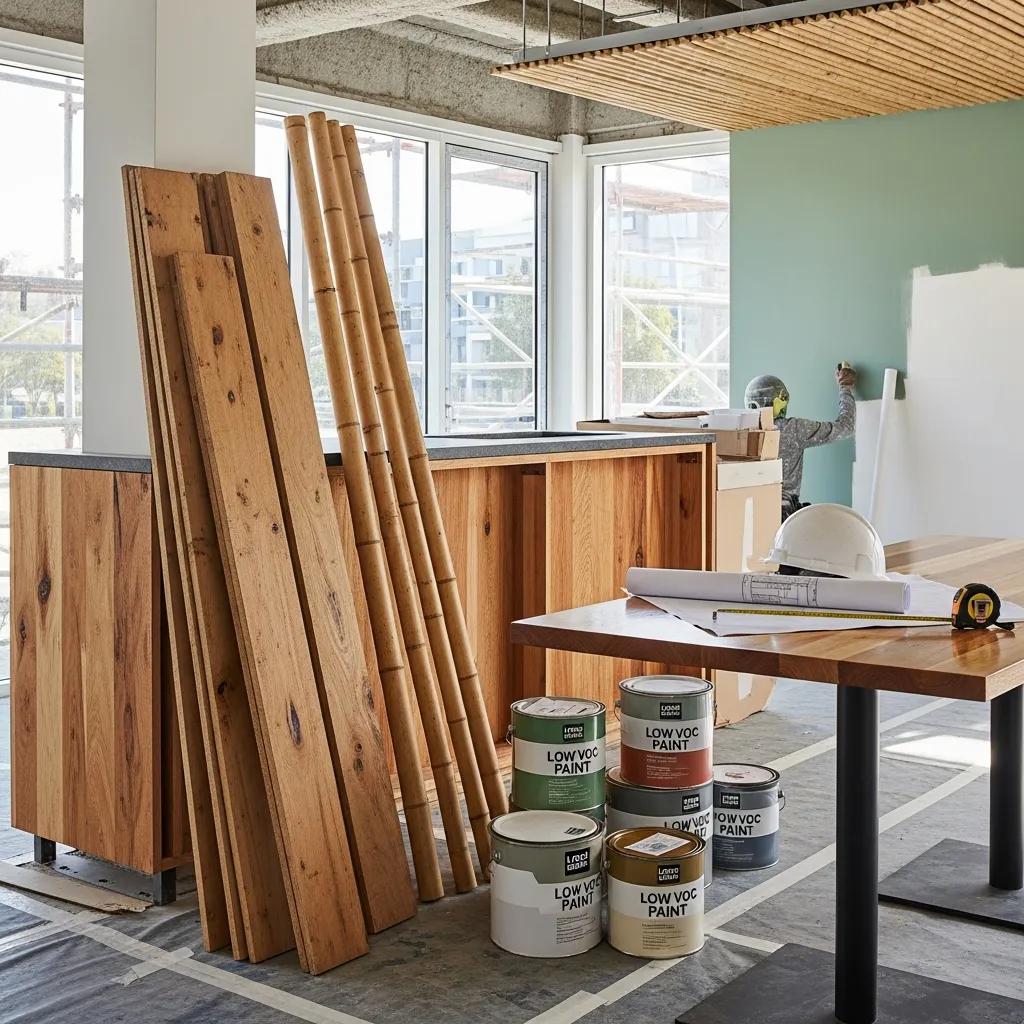 Display of sustainable materials for hospitality fitouts including bamboo and recycled timber