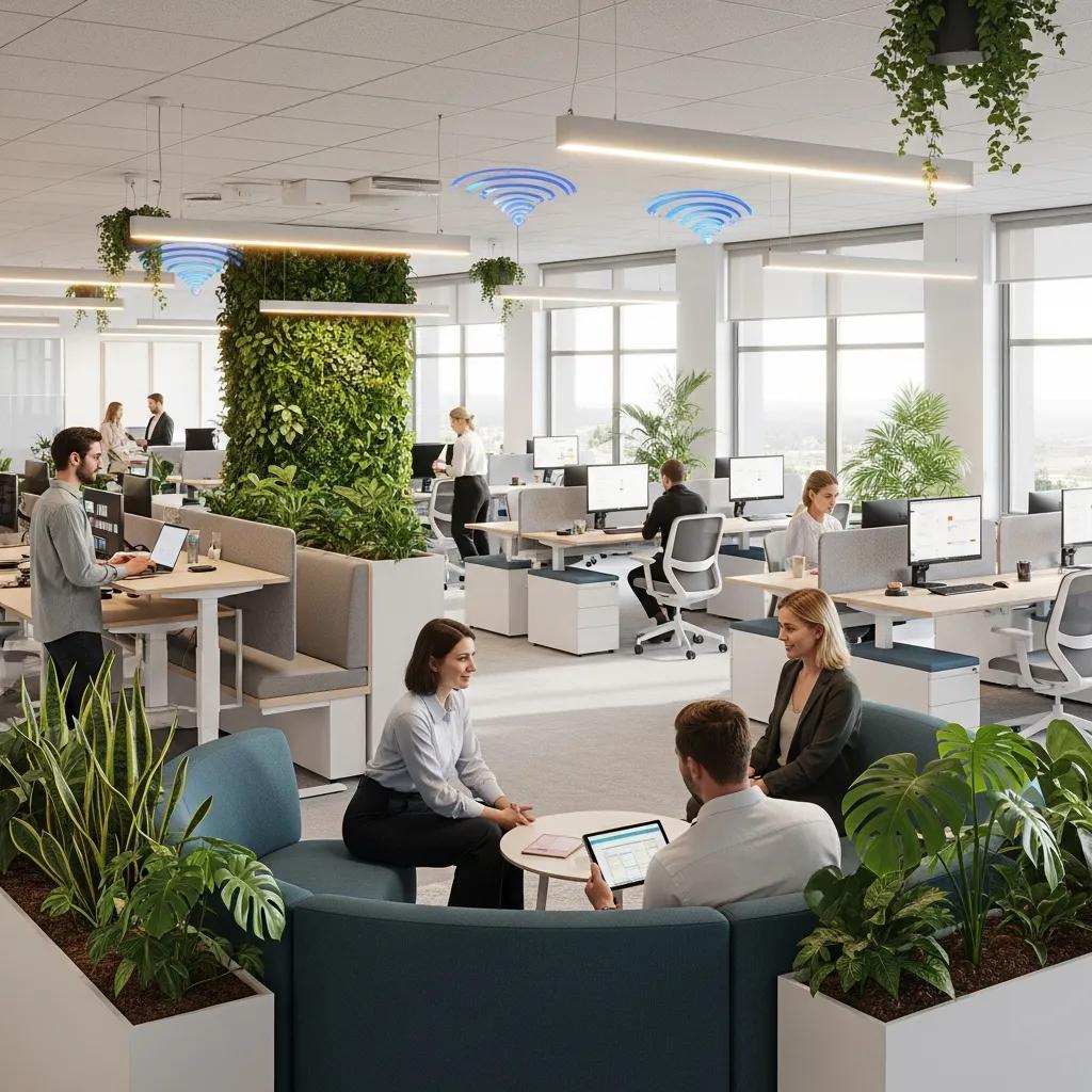 Dynamic office environment with innovative features and flexible workspaces